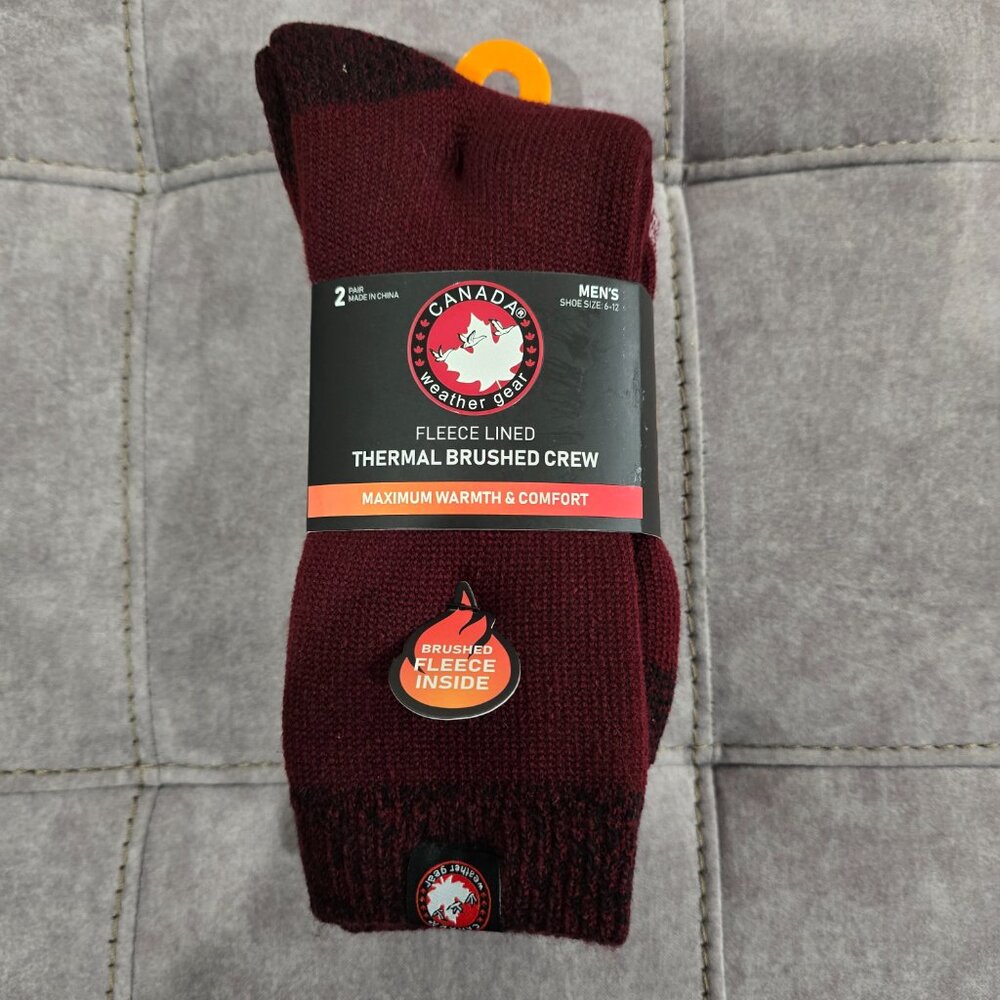 NWT Canada Weather Gear Men's Thermal Brushed Crew Socks Size 6-12, 2-Pairs